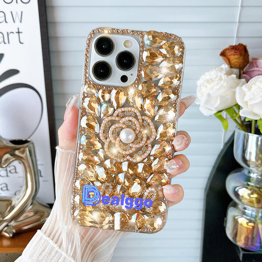 Glitter Camellia Flower Diamond Crystal Rhinestones Cover for iPhone and Samsung - Gold