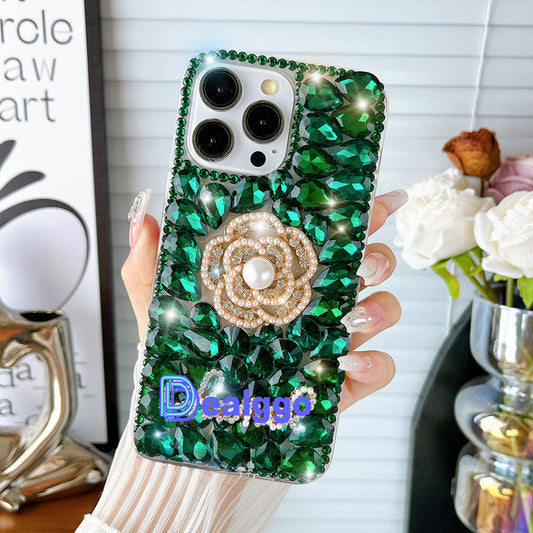 Glitter Camellia Flower Diamond Crystal Rhinestones Cover for iPhone and Samsung - Green