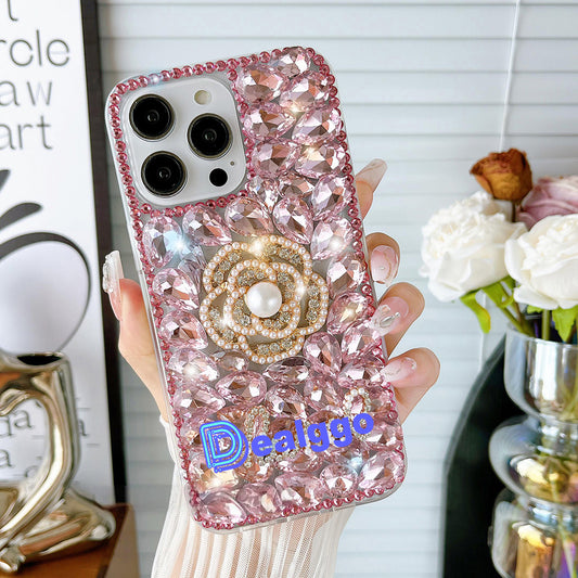 Glitter Camellia Flower Diamond Crystal Rhinestones Cover for iPhone and Samsung - Pink