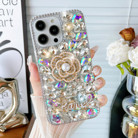 Glitter Camellia Flower Diamond Crystal Rhinestones Cover for iPhone and Samsung - Colorful