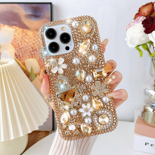 Glitter Diamond Pearl Crystal Rhinestones Handbag Flower Cover for iPhone and Samsung - Gold