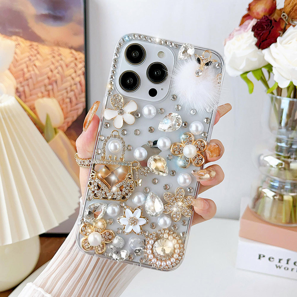 Glitter Diamond Pearl Crystal Rhinestones Handbag Flower Cover for iPhone and Samsung - White