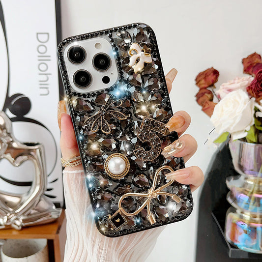 Glitter Bow Diamond Pearl Crystal Rhinestones Cover for iPhone and Samsung - Black