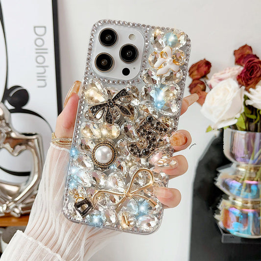 Glitter Bow Diamond Pearl Crystal Rhinestones Cover for iPhone and Samsung - White