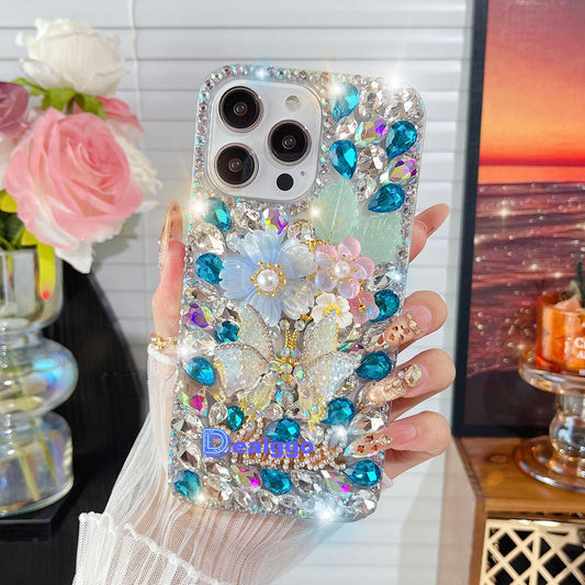 Glitter Butterfly Flower Diamond Crystal Rhinestones Cover for iPhone and Samsung - Blue