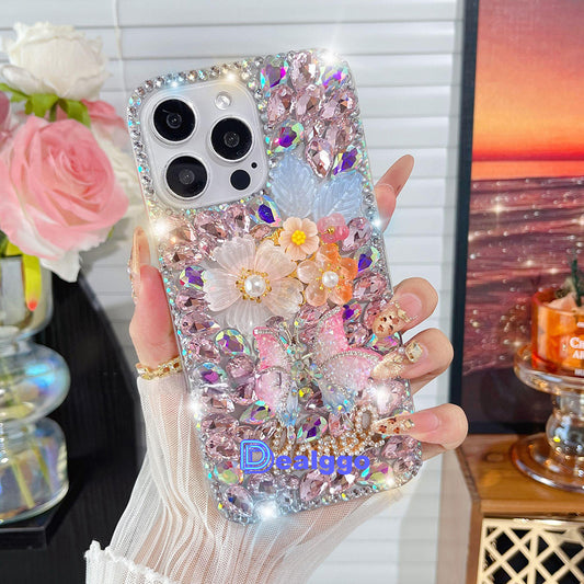 Glitter Butterfly Flower Diamond Crystal Rhinestones Cover for iPhone and Samsung - Pink