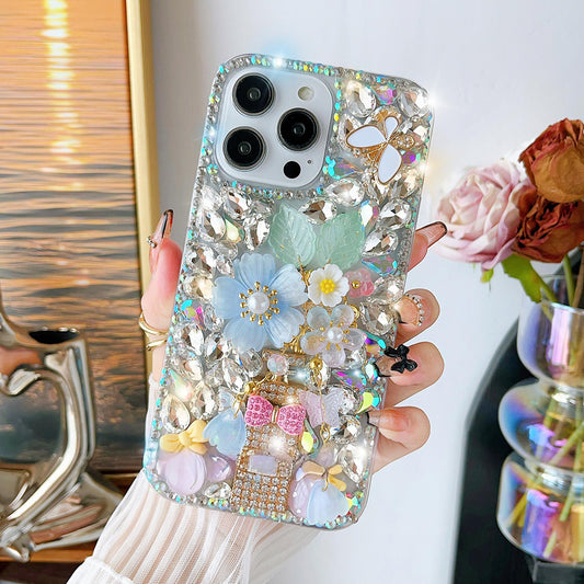 Glitter Flower Diamond Crystal Rhinestones Cover for iPhone and Samsung - Blue