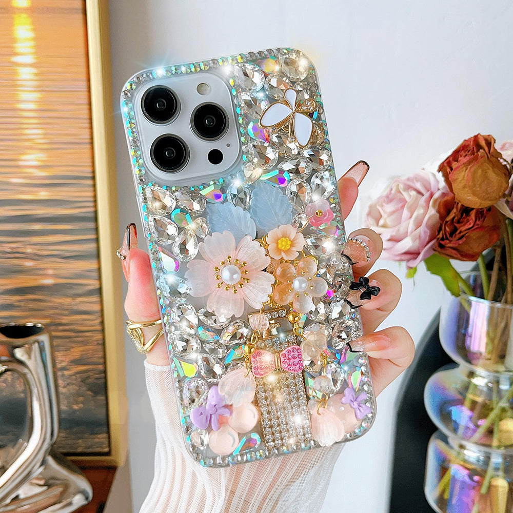 Glitter Flower Diamond Crystal Rhinestones Cover for iPhone and Samsung - Pink