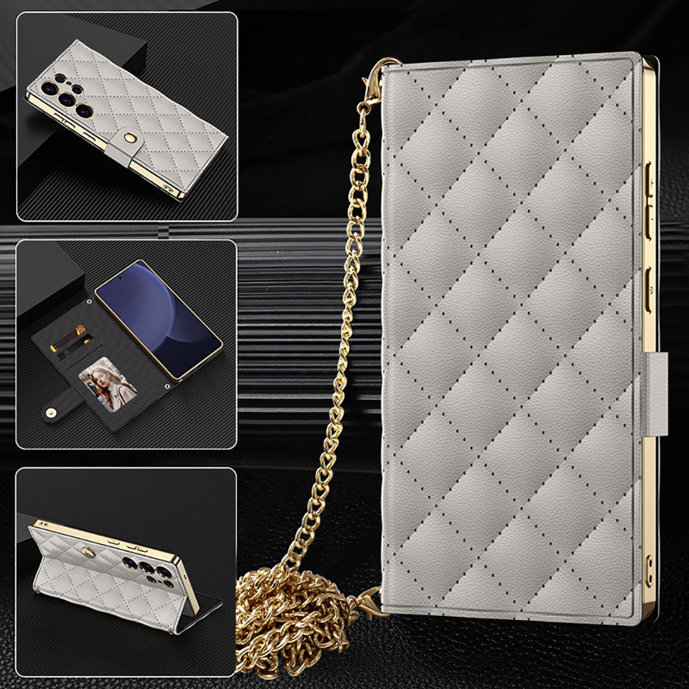 Flip Card Slot Diamond Pattern Chain Leather Phone Case For Samsung Galaxy