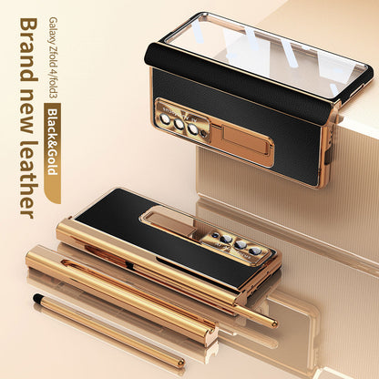 Aluminum Alloy Frame Magnetic Bracket All-Inclusive Electroplating Leather Cover For Samsung Galaxy Z Fold3 Fold4 Fold5 - Mycasety Mycasety