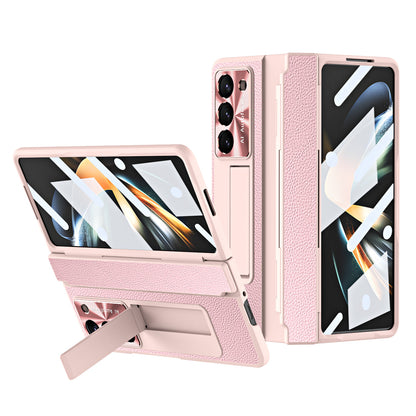 Luxury Leather Magnetic Bracket Shell Electroplated Phone Case For Samsung Galaxy Z Fold3/4/5 With Back Screen Glass - Mycasety Mycasety