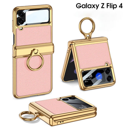 Magnetic Plating Plain Leather Ring Samsung Galaxy Z Flip4 Folding Case