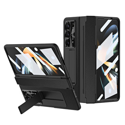 Luxury Leather Magnetic Bracket Shell Electroplated Phone Case For Samsung Galaxy Z Fold3/4/5 With Back Screen Glass - Mycasety Mycasety