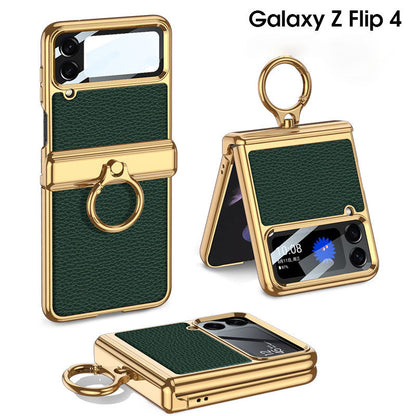 Magnetic Plating Plain Leather Ring Samsung Galaxy Z Flip4 Folding Case