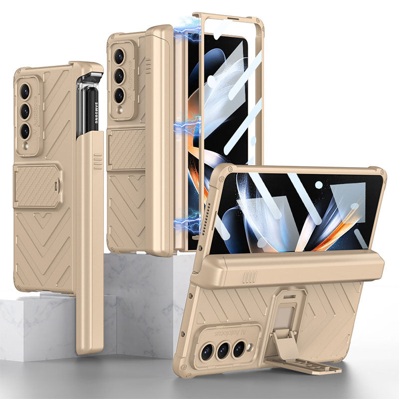 Magnetic Armor All-included Slide Pen Case With Back Screen Glass Hinge Holder Phone Cover For Samsung Galaxy Z Fold3 Fold4 Fold5 - Mycasety Mycasety