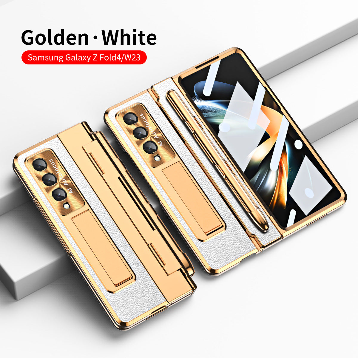 Hinge Folding Leather Magnetic Bracket Shell Electroplated Case For Samsung Galaxy Z Fold4 Fold3 5G With S Pen Slot & Stylus - Mycasety Mycasety