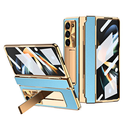 Luxury Leather Magnetic Bracket Shell Electroplated Phone Case For Samsung Galaxy Z Fold3/4/5 With Back Screen Glass - Mycasety Mycasety
