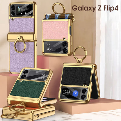 Magnetic Plating Plain Leather Ring Samsung Galaxy Z Flip4 Folding Case