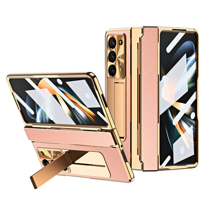 Luxury Leather Magnetic Bracket Shell Electroplated Phone Case For Samsung Galaxy Z Fold3/4/5 With Back Screen Glass - Mycasety Mycasety