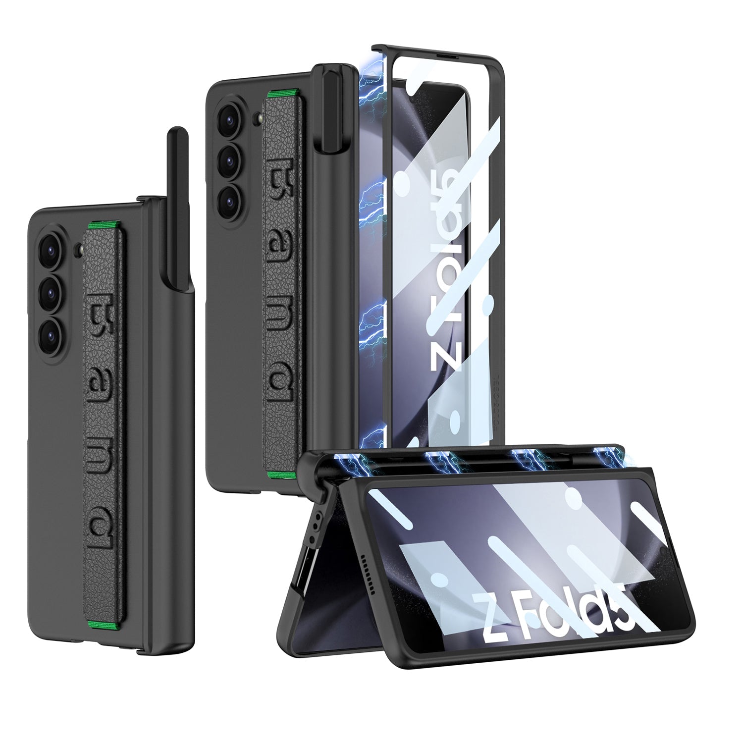Magnetic Hinge Pen Slot Wristband Holder Phone Case With Back Screen Protector For Samsung Galaxy Z Fold5 Fold4 Fold3 - mycasety2023 Mycasety