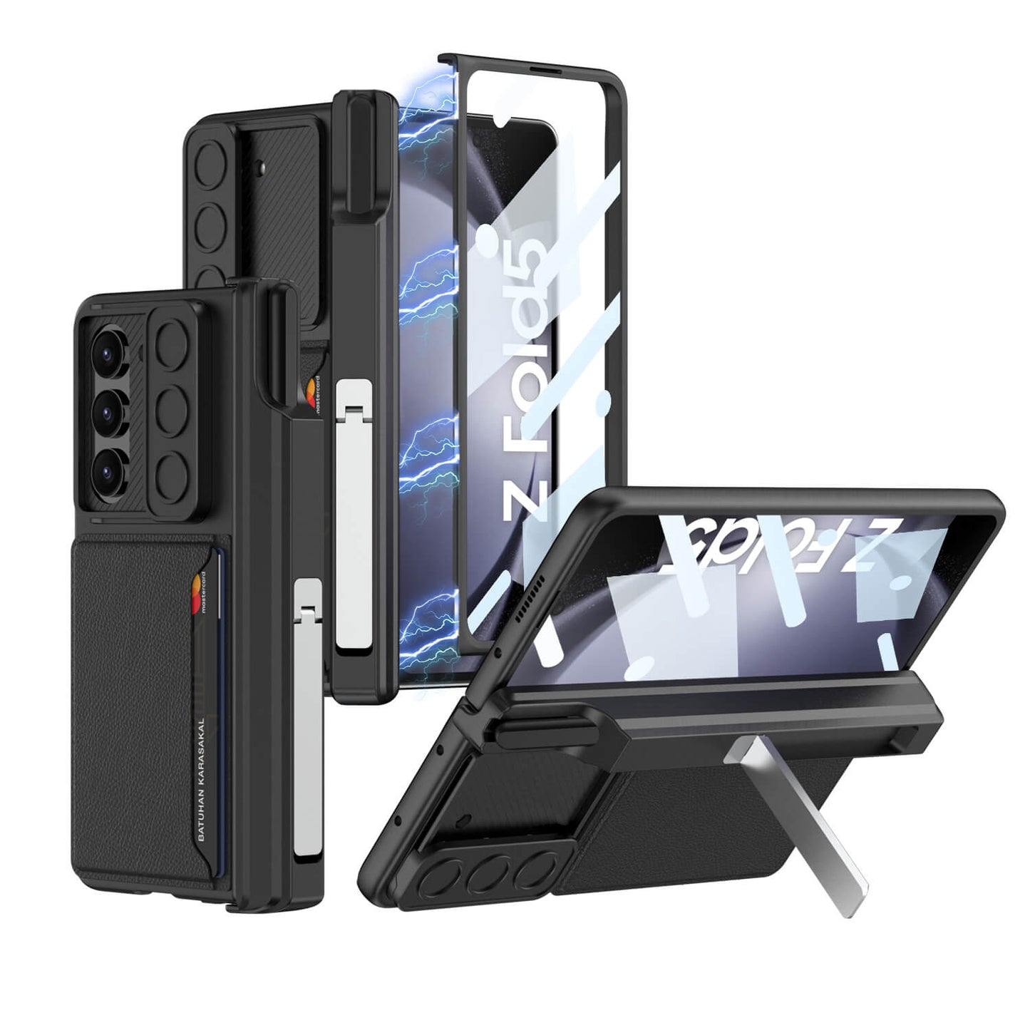 Galaxy Z Fold5 | Magnetic Magsafe Metal Bracket S Pen Slot Leather Card Holder Case with Glass Film