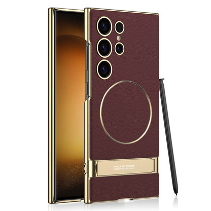 Magnetic Electroplated Leather Stand Case for Galaxy S23 Ultra