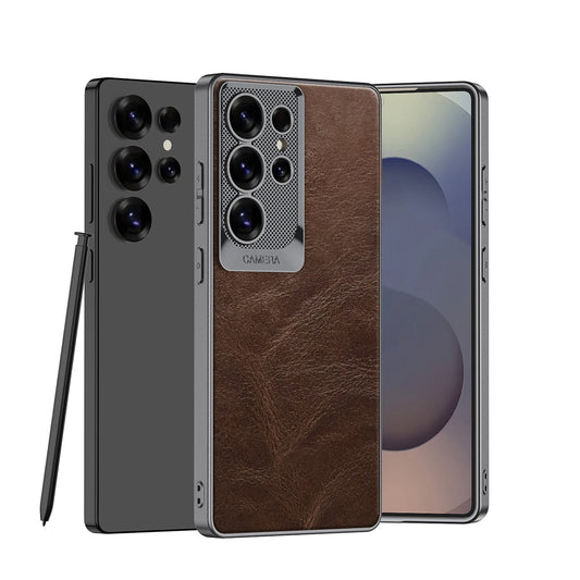 Metal Lens Protection Shockproof Leather Case for Galaxy S24 Ultra