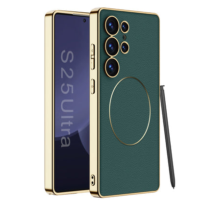 Magnetic Electroplated Gold-Frame Leather Case for Galaxy S24 Ultra