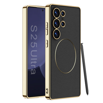 Magnetic Electroplated Gold-Frame Leather Case for Galaxy S24 Ultra