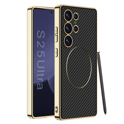 Magnetic Electroplated Gold-Frame Leather Case for Galaxy S25 Ultra