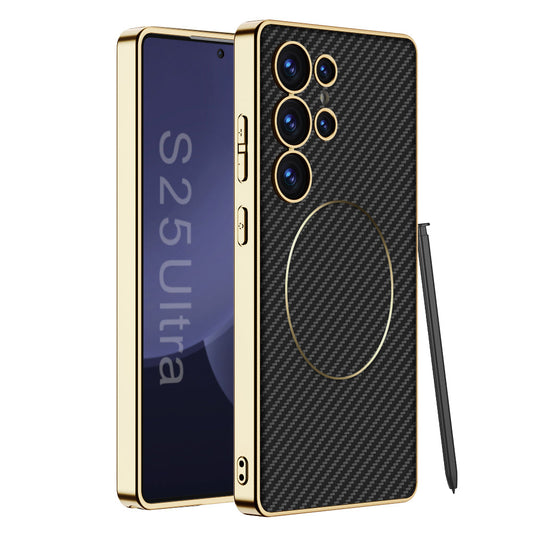 Magnetic Electroplated Gold-Frame Leather Case for Galaxy S25 Ultra