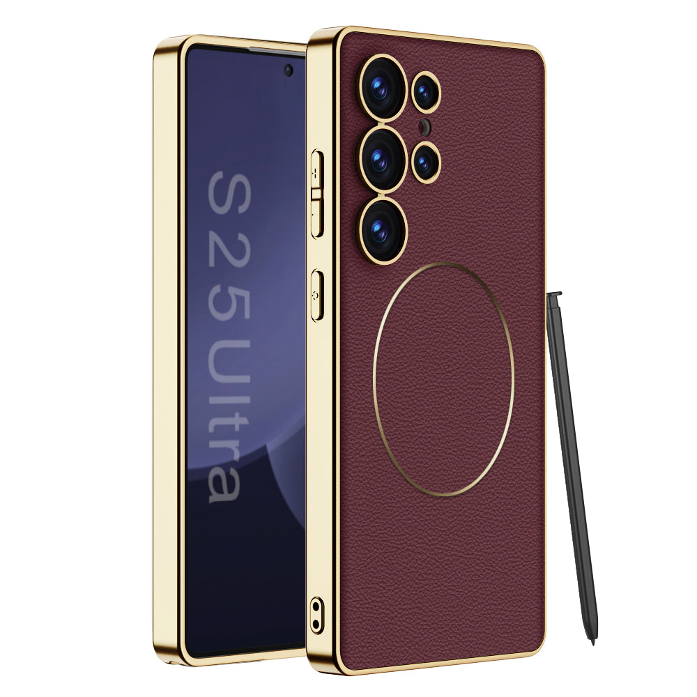 Magnetic Electroplated Gold-Frame Leather Case for Galaxy S24 Ultra