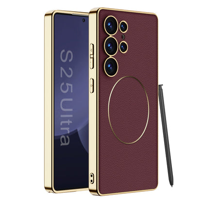 Magnetic Electroplated Gold-Frame Leather Case for Galaxy S24 Ultra
