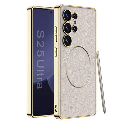 Magnetic Electroplated Gold-Frame Leather Case for Galaxy S24 Ultra