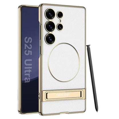 Magnetic Electroplated Leather Stand Case for Galaxy S25 Ultra
