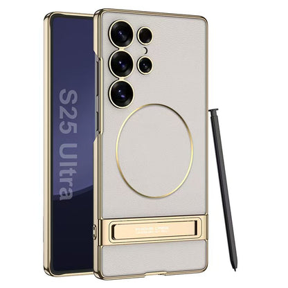 Magnetic Electroplated Leather Stand Case for Galaxy S25 Ultra