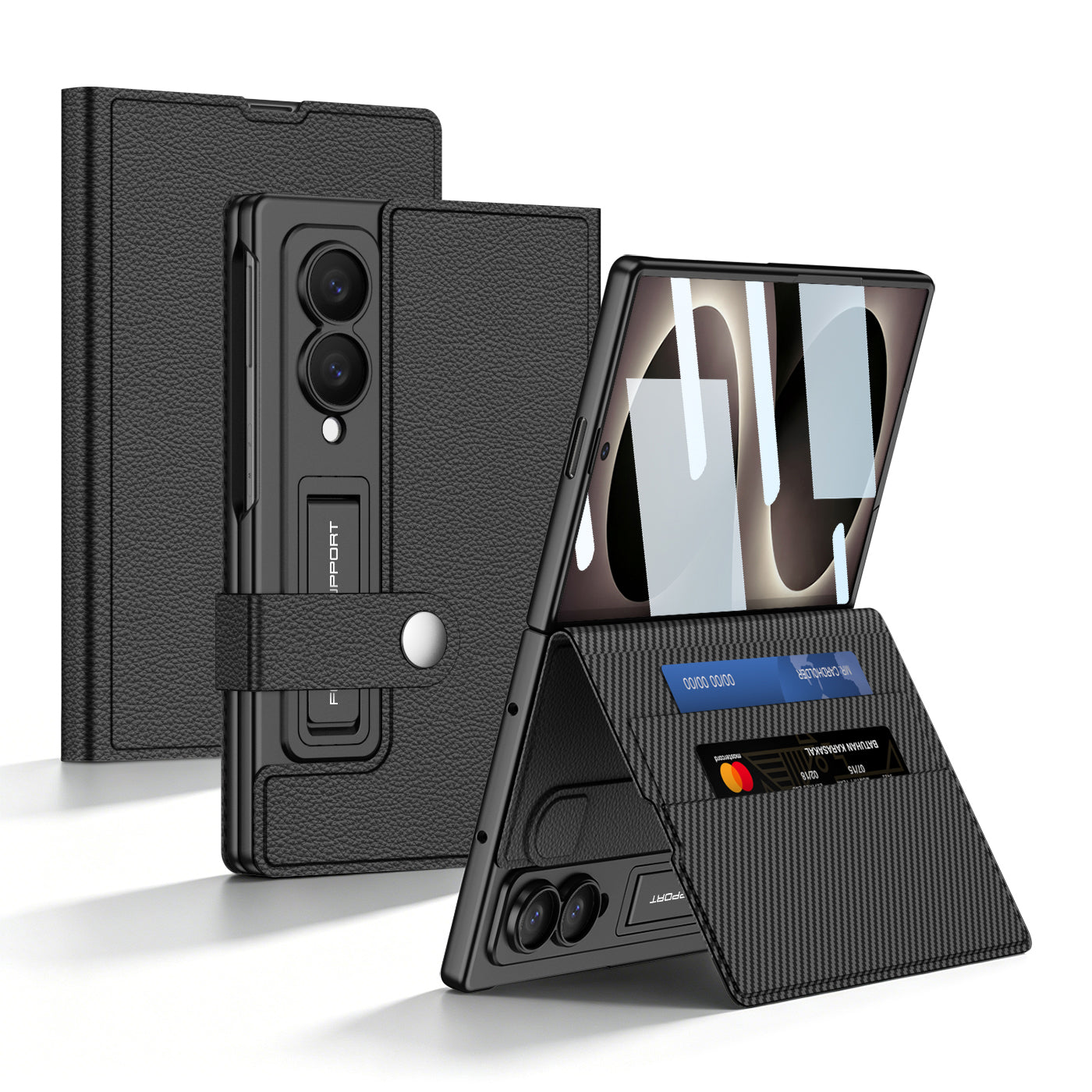 Luxury Leather Galaxy Z Fold 8/7/6 Ultra Phone Case with Built-In Tempered Glass & Kickstand
