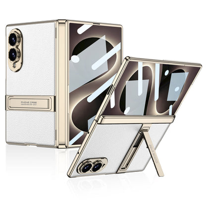 Leather Case For Galaxy Z Fold8 Wide Ultra ¨C Gold-Finish Frame, Built-In Tempered Glass Film & Hidden Kickstand
