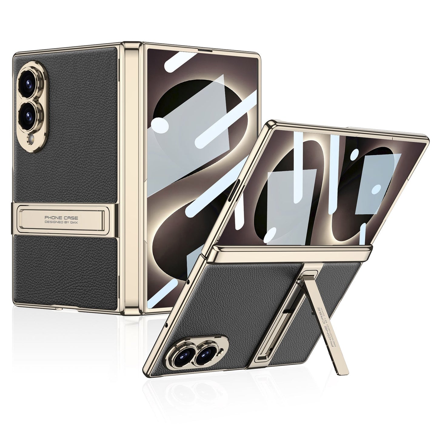 Leather Case For Galaxy Z Fold8 Wide Ultra ¨C Gold-Finish Frame, Built-In Tempered Glass Film & Hidden Kickstand