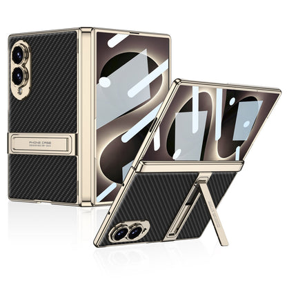 Leather Case For Galaxy Z Fold 8 ¨C Gold-Finish Frame, Built-In Tempered Glass Film & Hidden Kickstand