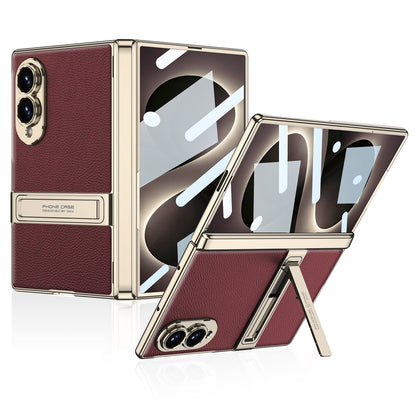 Leather Case For Galaxy Z Fold8 Wide Ultra ¨C Gold-Finish Frame, Built-In Tempered Glass Film & Hidden Kickstand