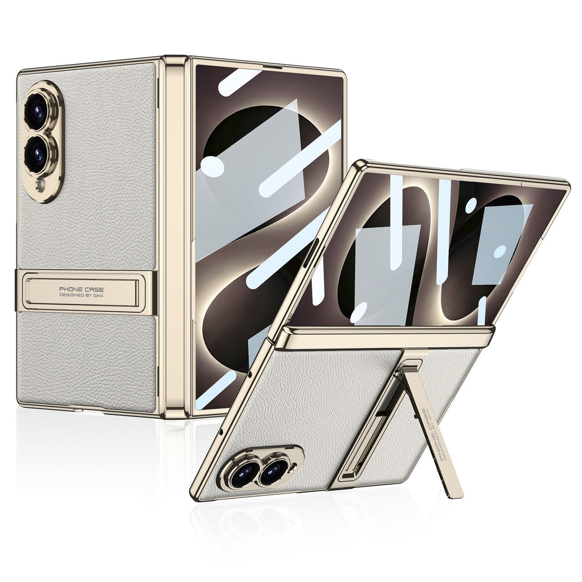 Leather Case For Galaxy Z Fold 8 ¨C Gold-Finish Frame, Built-In Tempered Glass Film & Hidden Kickstand