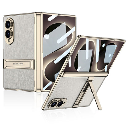 Leather Case For Galaxy Z Fold 8 ¨C Gold-Finish Frame, Built-In Tempered Glass Film & Hidden Kickstand