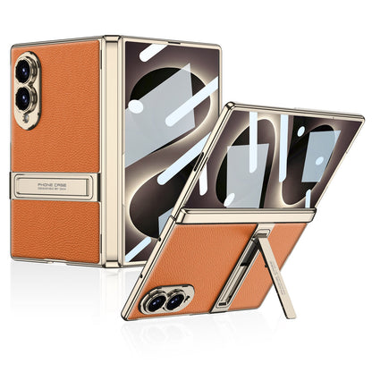 Leather Case For Galaxy Z Fold8 Wide Ultra ¨C Gold-Finish Frame, Built-In Tempered Glass Film & Hidden Kickstand