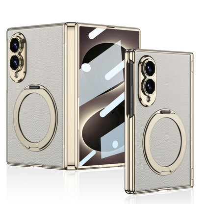 Luxurious Leather Golden Plating Phone Case with Built-In Tempered Glass & Magnetic Bracket For  Galaxy Z Fold 8/7 Wide Ultra