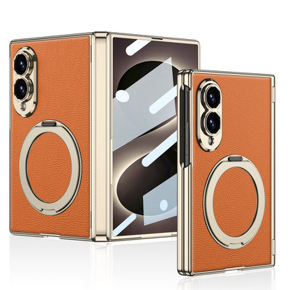 Luxurious Leather Golden Plating Phone Case with Built-In Tempered Glass & Magnetic Bracket For  Galaxy Z Fold 8/7 Wide Ultra