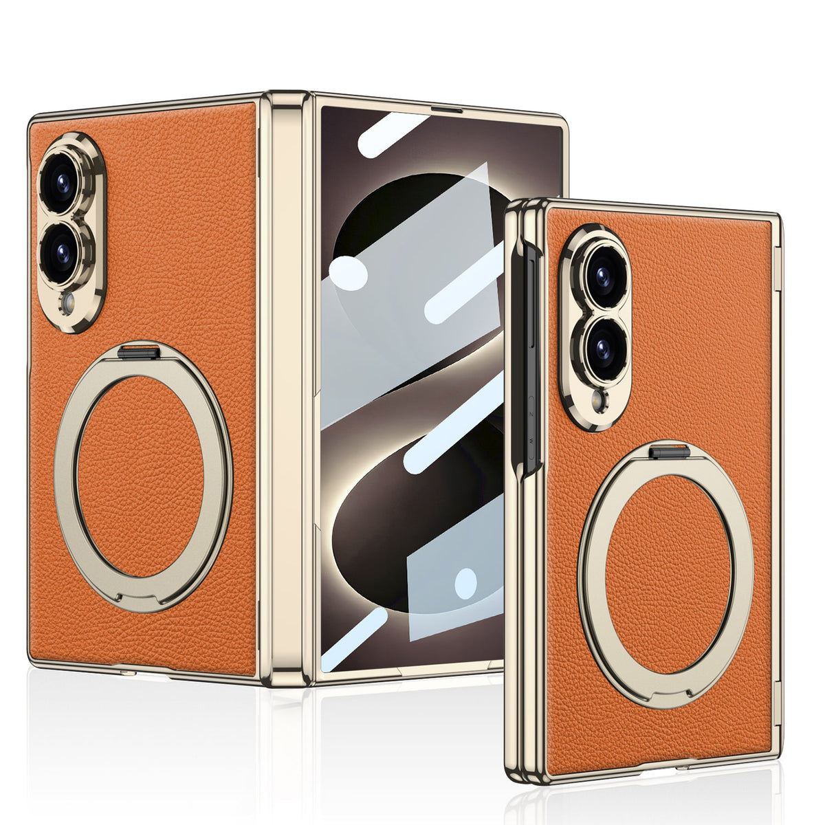Luxurious Leather Golden Plating Phone Case with Built-In Tempered Glass & Magnetic Bracket For  Galaxy Z Fold8 Wide Ultra