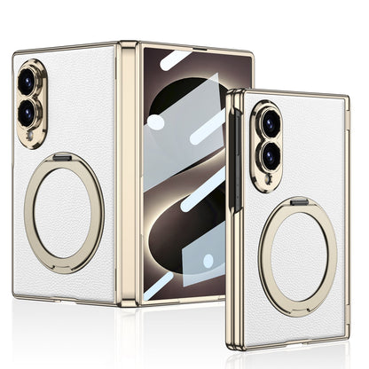 Luxurious Leather Golden Plating Phone Case with Built-In Tempered Glass & Magnetic Bracket For  Galaxy Z Fold 8/7 Wide Ultra