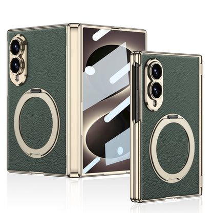 Luxurious Leather Golden Plating Phone Case with Built-In Tempered Glass & Magnetic Bracket For  Galaxy Z Fold 8/7 Wide Ultra