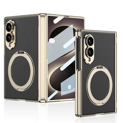 Luxurious Leather Golden Plating Phone Case with Built-In Tempered Glass & Magnetic Bracket For  Galaxy Z Fold8 Wide Ultra